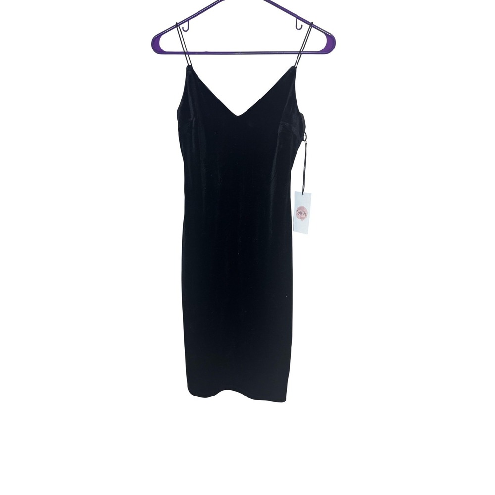 Crystal Sky Dress Womens Small Black Velvet Slip Spaghetti Strap Bodycon Midi